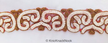 Gold Zardozi Hand Embroidered Cutwork Lace Trim Beaded with Ivory Seed Beads, Wedding Trim, Indian Trim